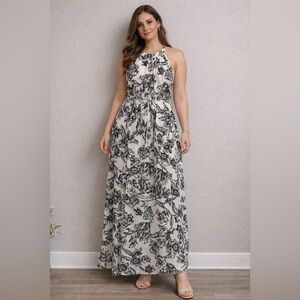 Astr The Label Black And Ivory Floral Halter Sheer Maxi Dress Size Large